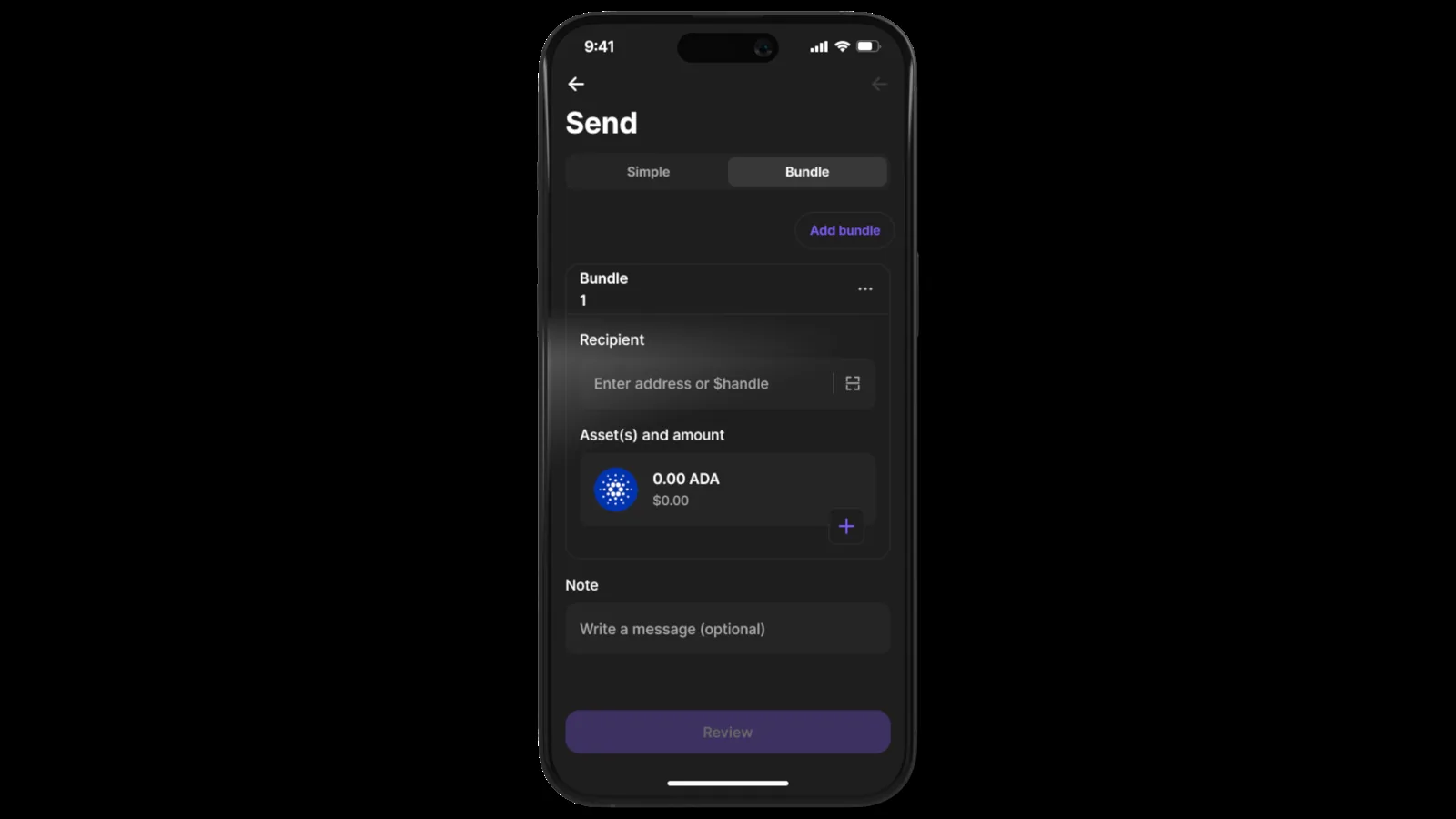 Combining multiple transactions into a single bundle, on mobile.