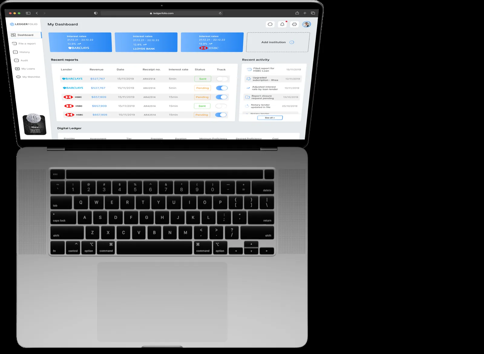 The customizable dashboard, with widgets for loan settlement metrics.